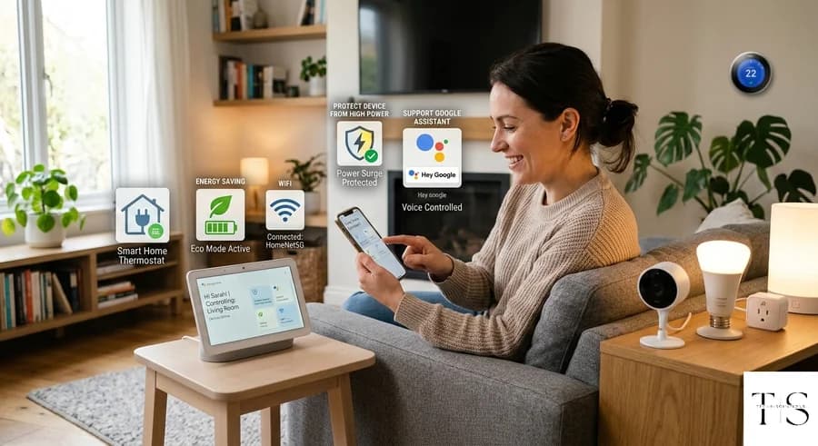 Smart home feature icons — thermostat, eco mode, WiFi, surge protection, voice control