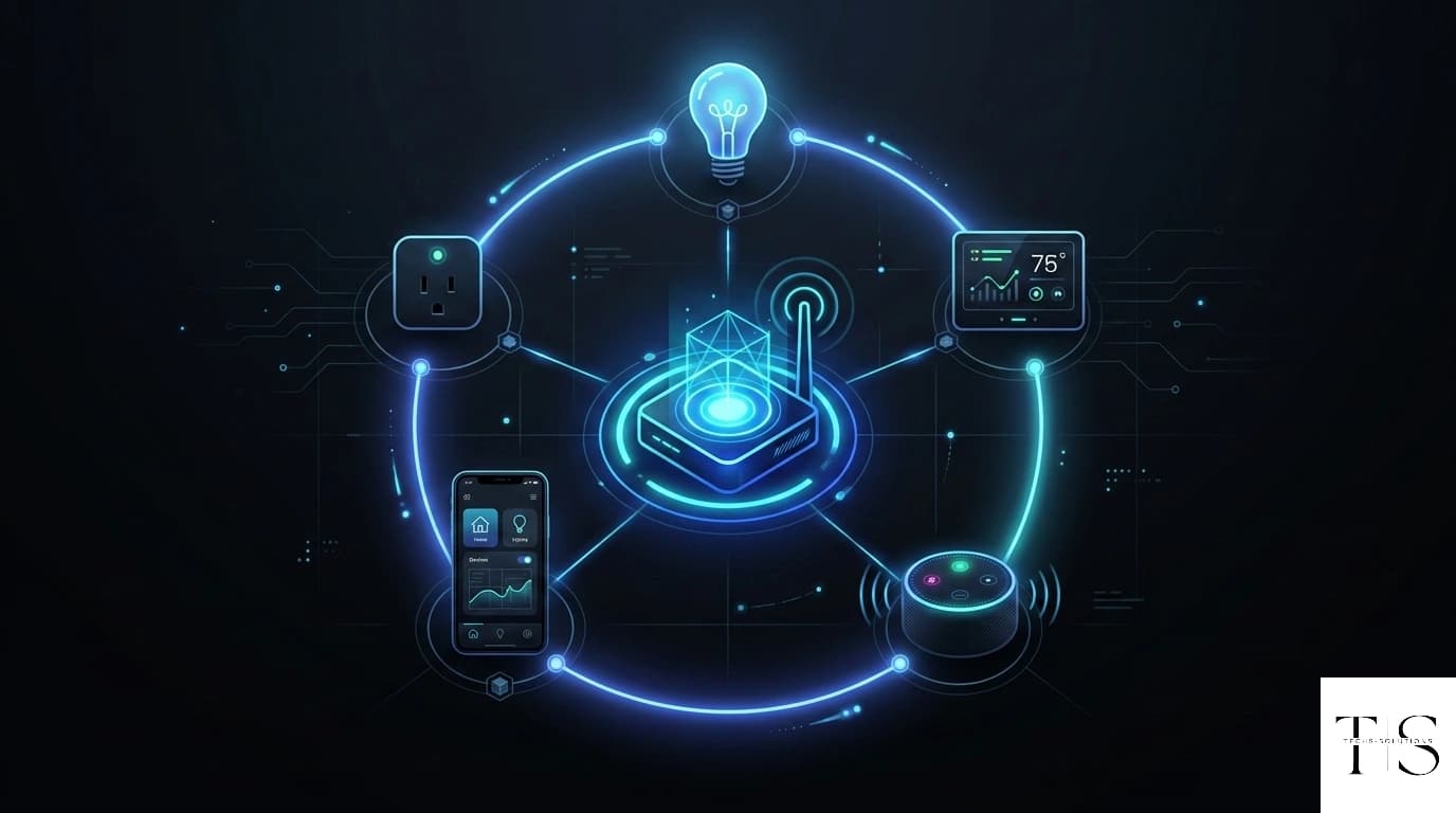 Smart home ecosystem diagram — devices connected through cloud hub